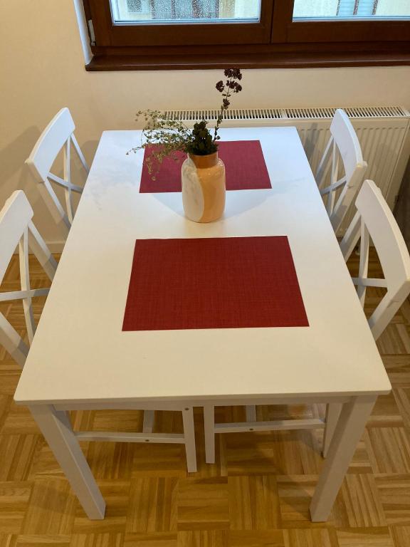 a white table with white chairs and a vase with a plant at Apartment Centar Sarajevo in Sarajevo