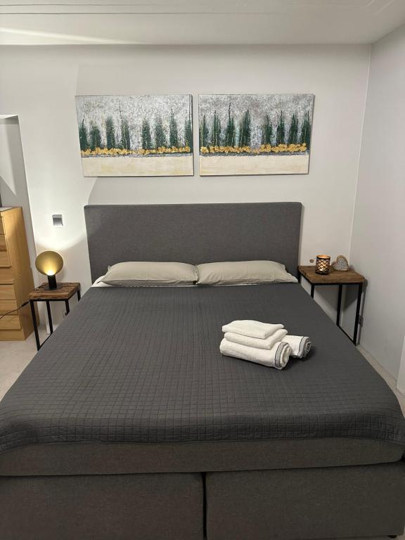 a bedroom with a bed with two towels on it at WPA Apartments - Zimmer- Modernes Apartment mit Parkplatz,WiFi,Netflix in Moosthenning