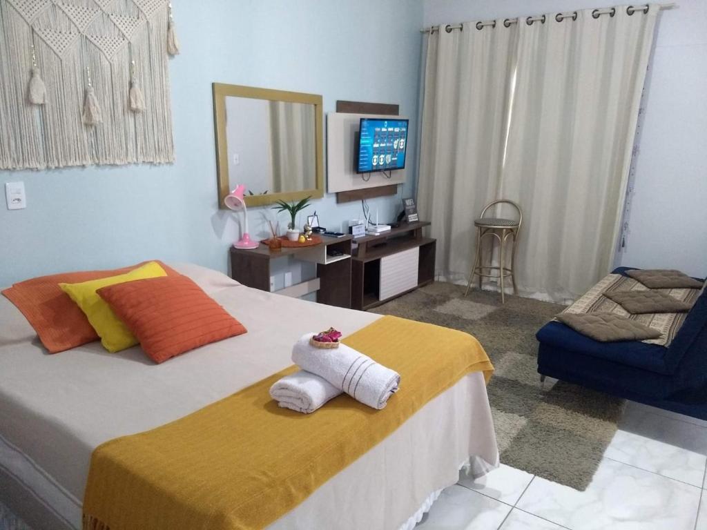 a bedroom with a bed and a television and a chair at loft harmonia in Blumenau
