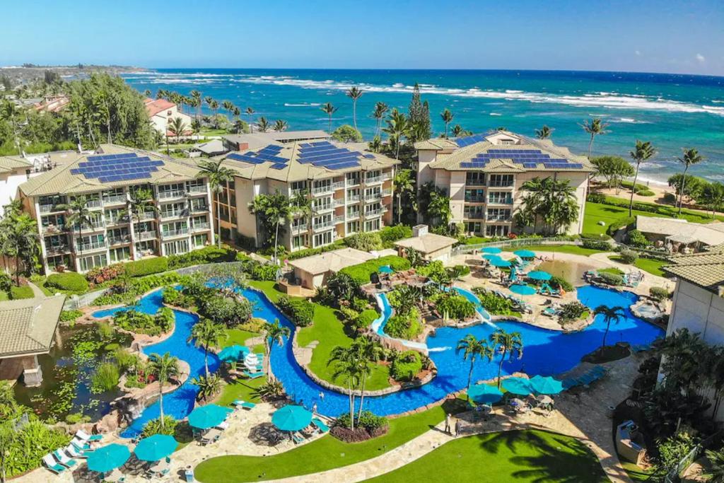 an aerial view of the resort with the ocean at Condos in Waipouli Beach Resort in Kapaa