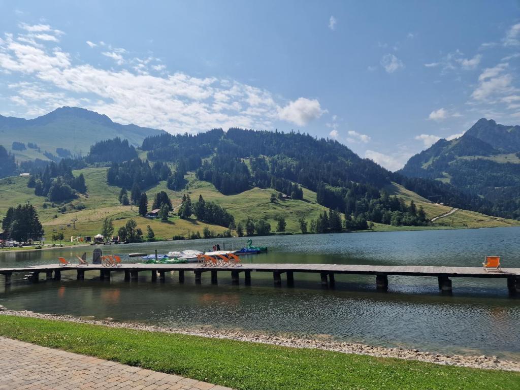 a bridge over a lake with mountains in the background at Ischwarzsee in Plaffeien