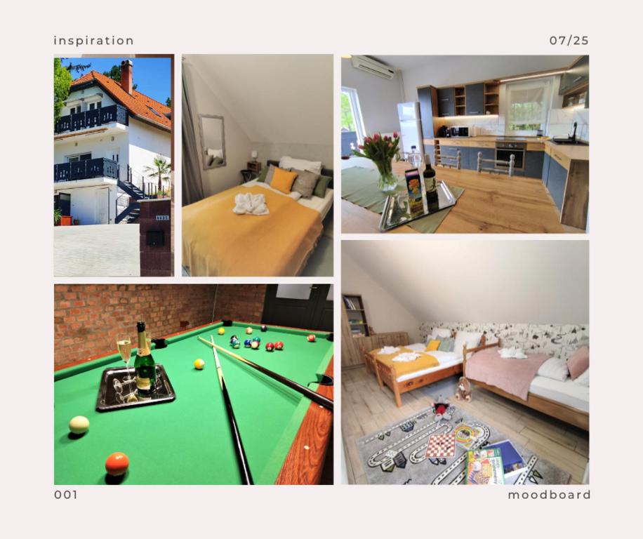 a collage of pictures of a living room with a pool table at Szömörce Vendégház in Balatonfüred