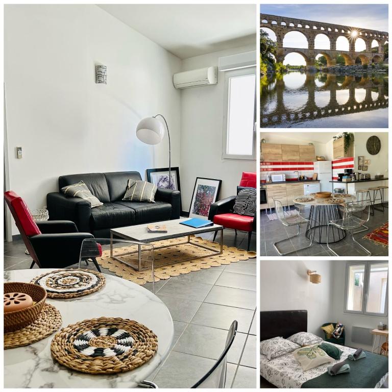 un collage de quatre photos d'un salon dans l'établissement Correspondances la Colette Pont Du Gard, à Fournès