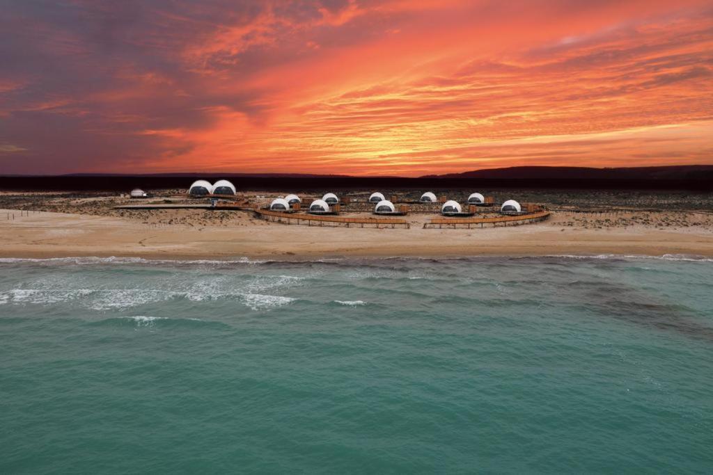 a beach with umbrellas and the ocean at sunset at O'MIR glamping эко-отель Актау in Kyzylkum