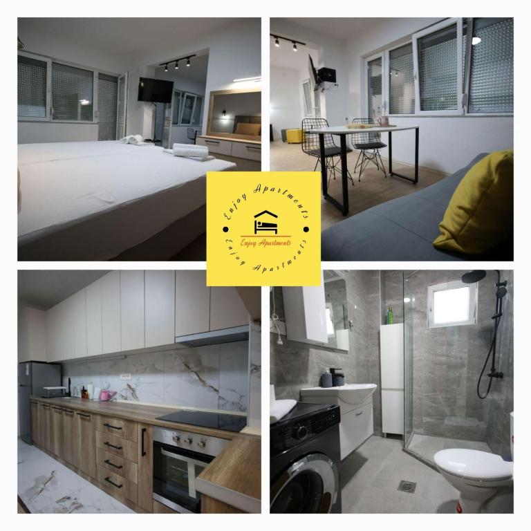 a collage of photos of a kitchen and a bedroom at Enjoy Apartments Prilep in Prilep