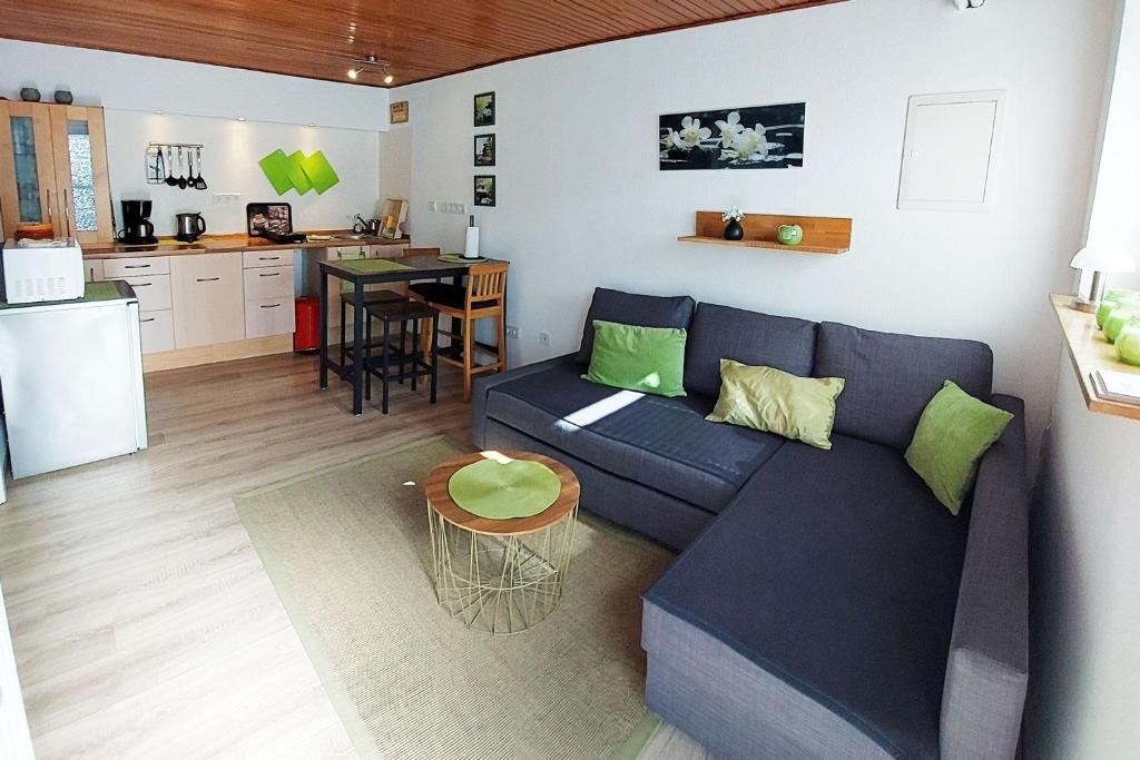 ein Wohnzimmer mit einem blauen Sofa und einer Küche in der Unterkunft Apartment Meerbusch in Meerbusch