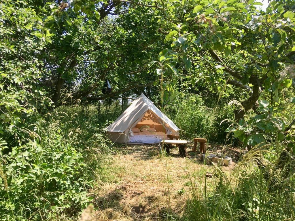 uma tenda sentada no meio de um campo em Camp Golstav - Romantic view over the hills. em Flobecq