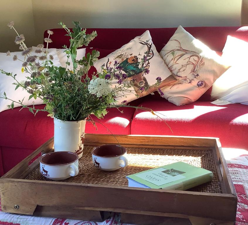 una mesa de centro con un jarrón de flores en un sofá en La cerbiatta, en Castel di Sangro
