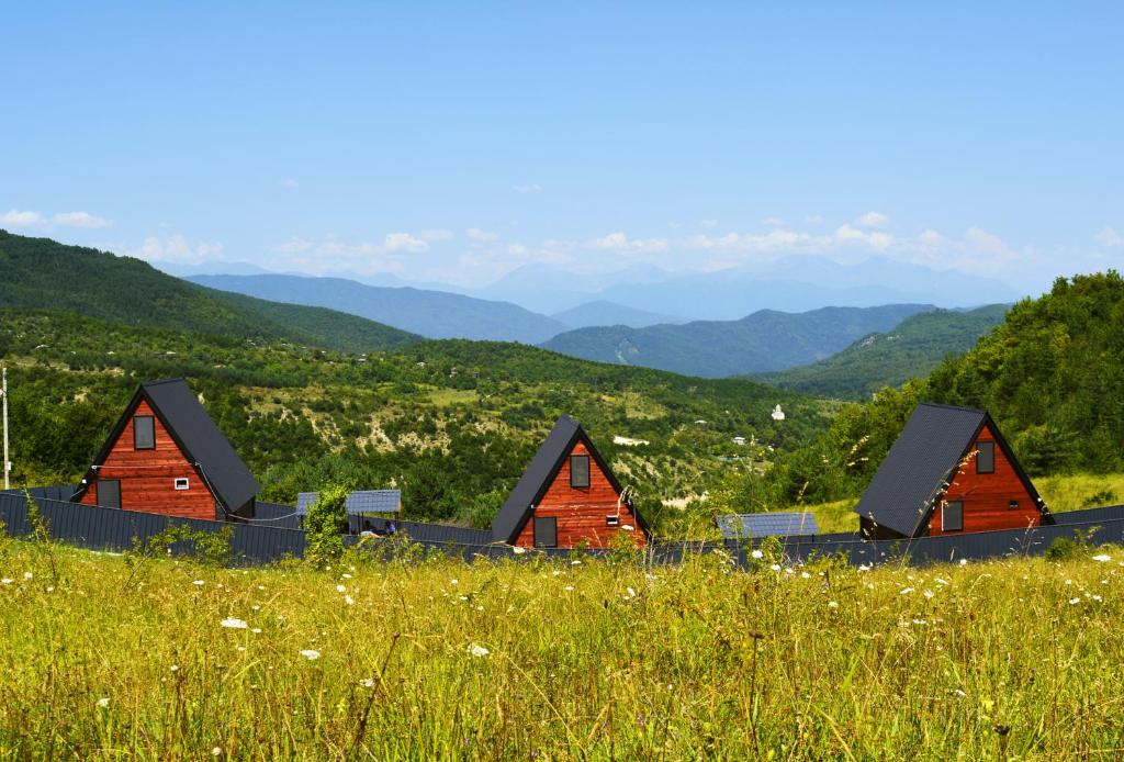 a group of cabins on a hill in a field at Panorama Racha in Ambrolauri