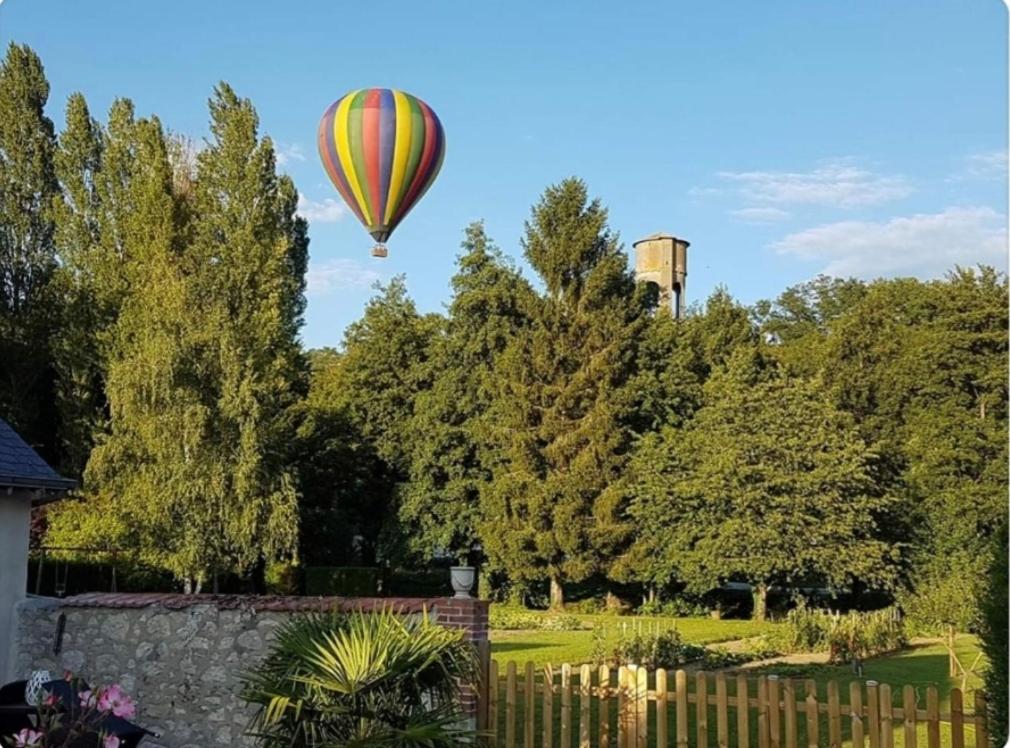 einem Heißluftballon, der über einen Hof fliegt in der Unterkunft Le Cœur de la petite Cisse in Monteaux