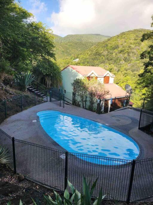 a large blue swimming pool in front of a fence at Duplex Toti la - TropicalKaz Guadeloupe in Bouillante