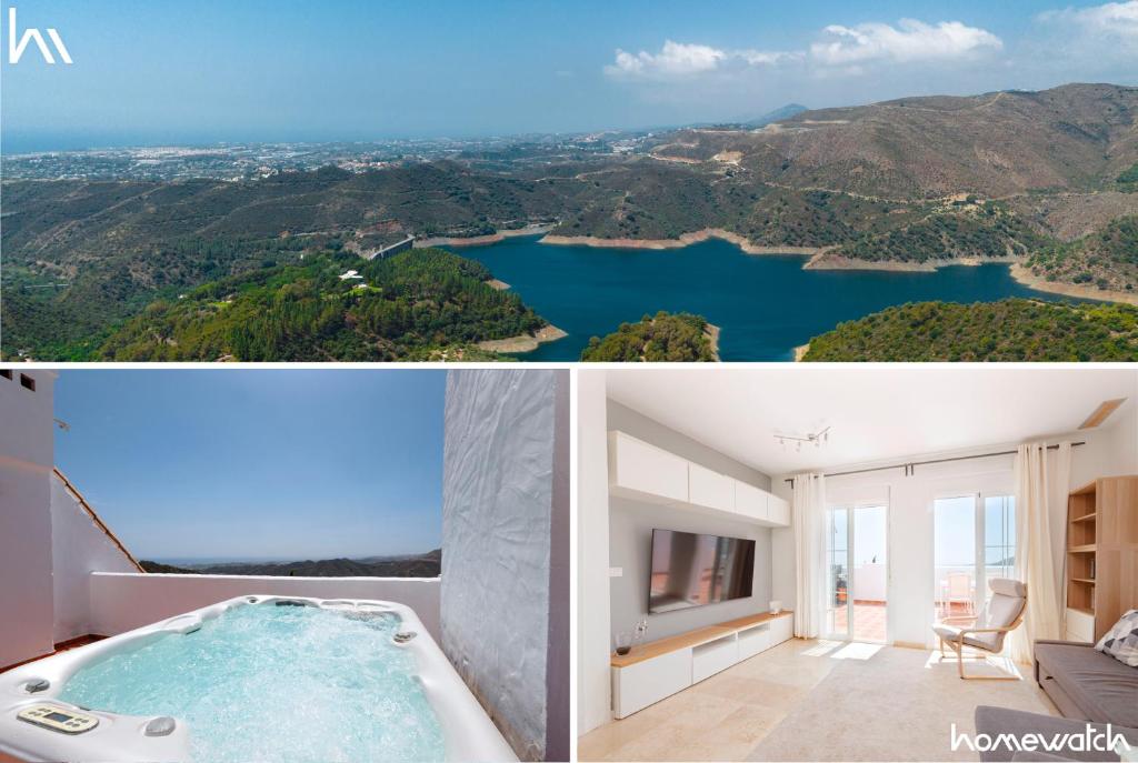 イスタンにあるModern Sea & Lake View Penthouse with Private Jacuzzi - 8 min to Puente Romanoのバスタブ付きの客室で、湖の景色を望めます。