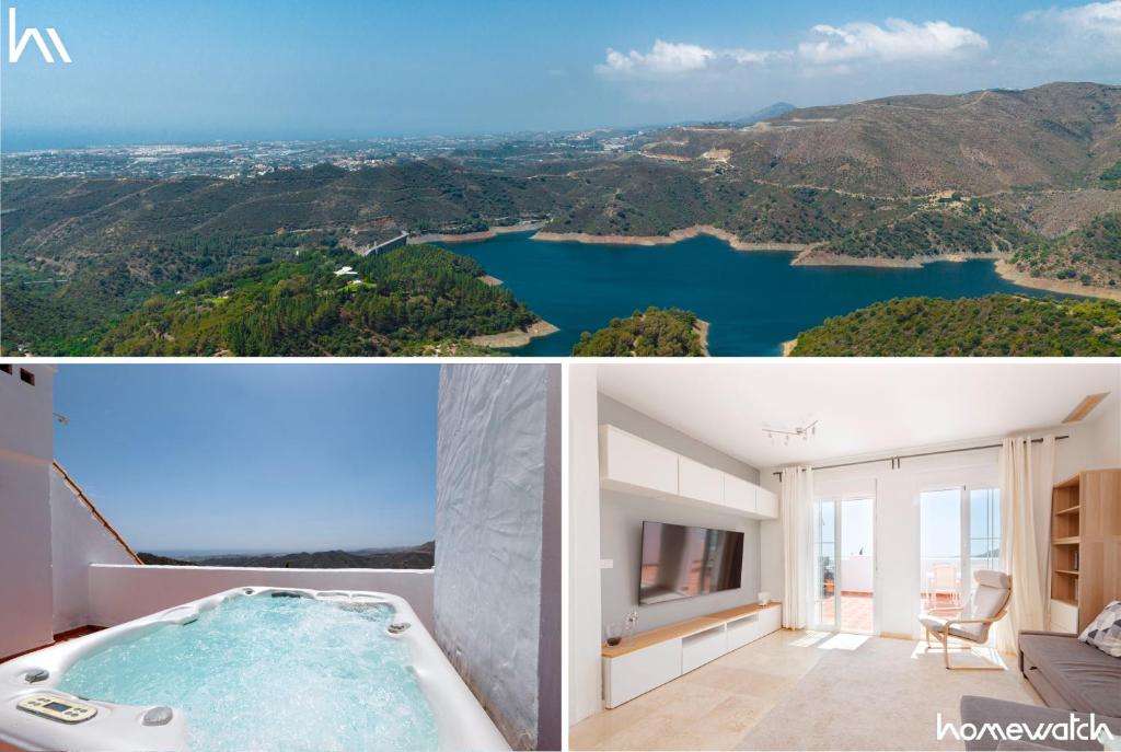 Habitación con bañera y vistas al lago. en Modern Sea & Lake View Penthouse with Private Jacuzzi - 8 min to Puente Romano, en Istán
