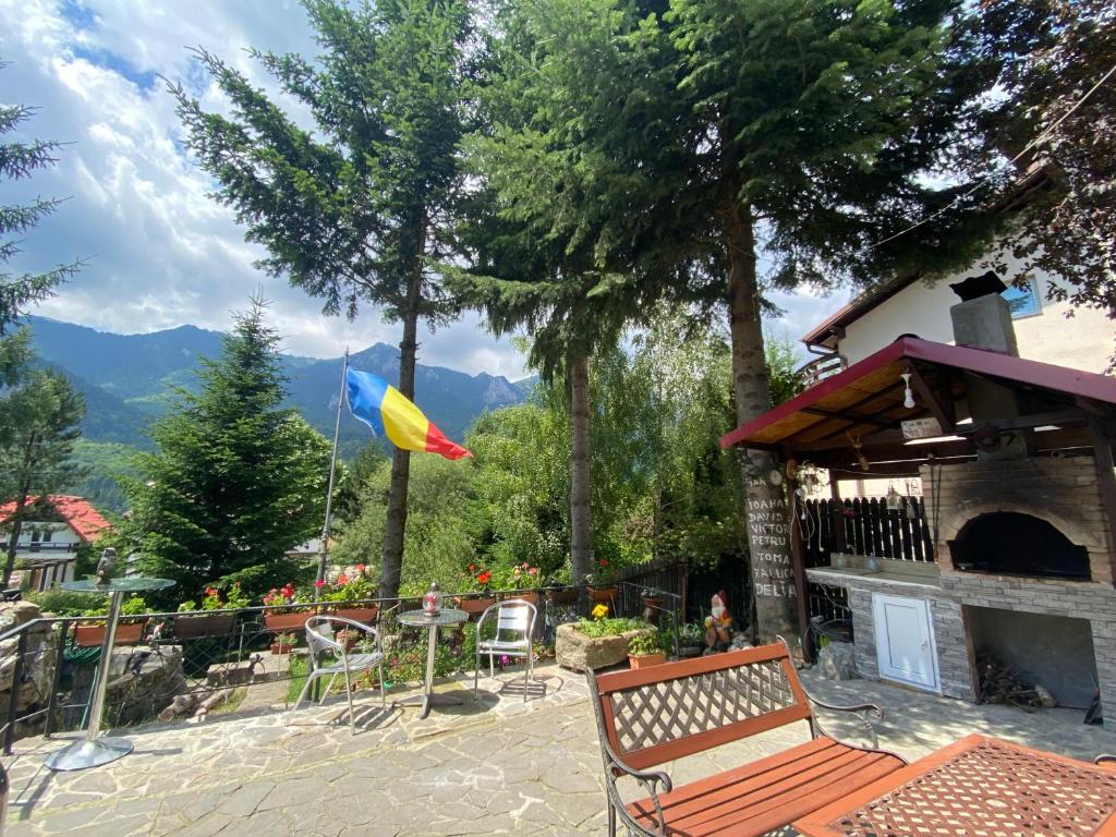 um pátio com um banco e uma bandeira em Vila Mara Busteni em Buşteni