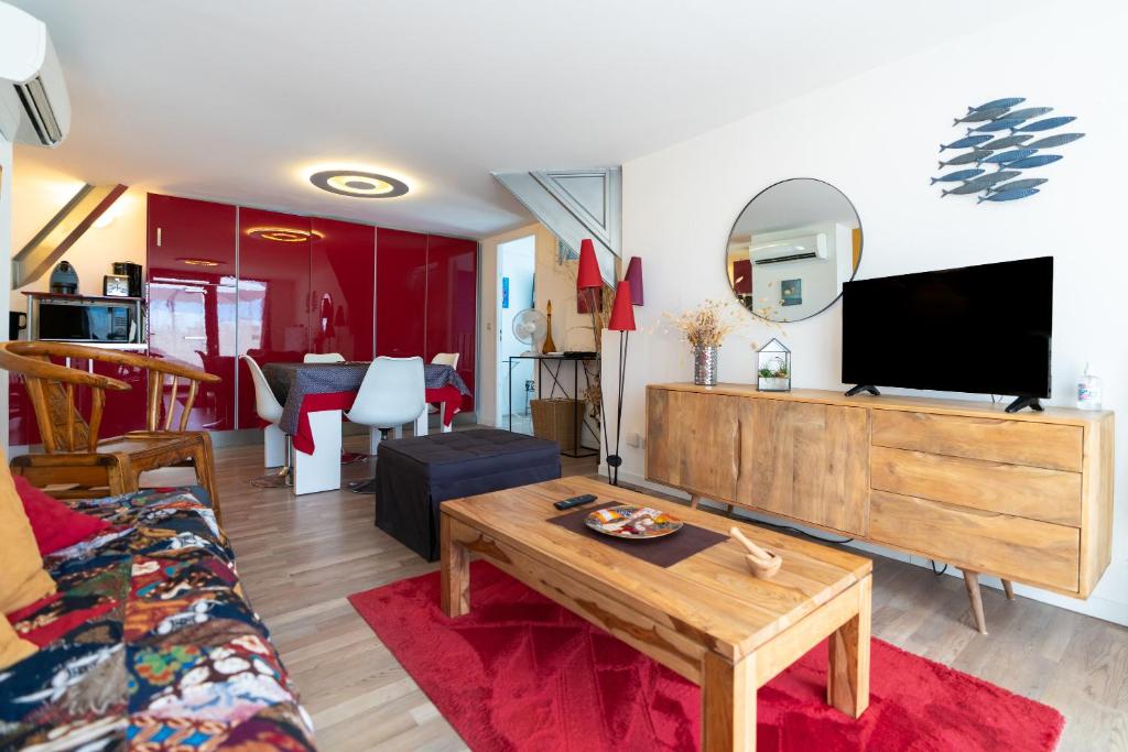 拉格朗德默特的住宿－Grand T2 ensoleillé，带沙发和电视的客厅
