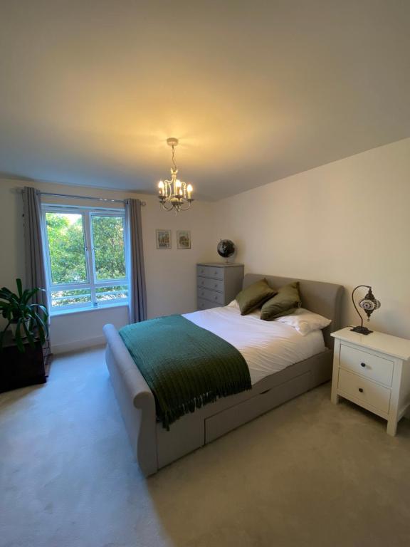 Un dormitorio con una cama grande y una ventana en The Wimbledon Apartment, en Raynes Park