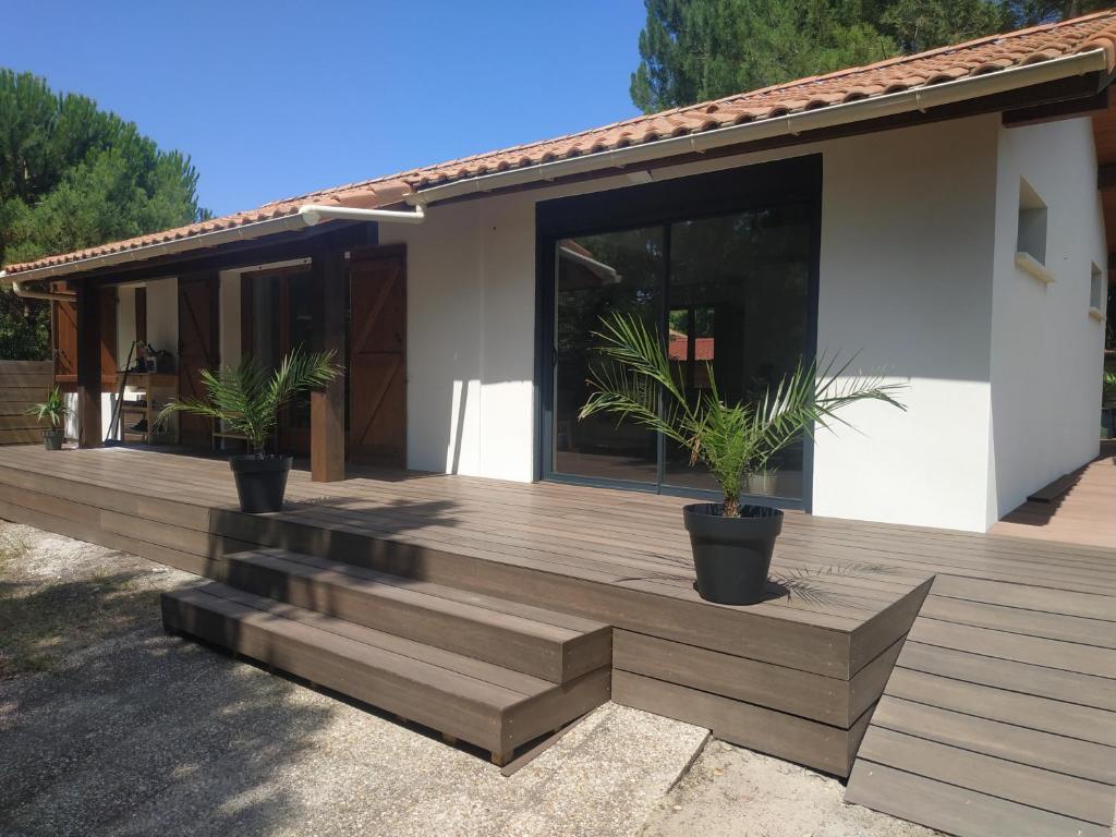 une maison dotée d'une terrasse en bois avec deux plantes en pot dans l'établissement Fred, à Messanges