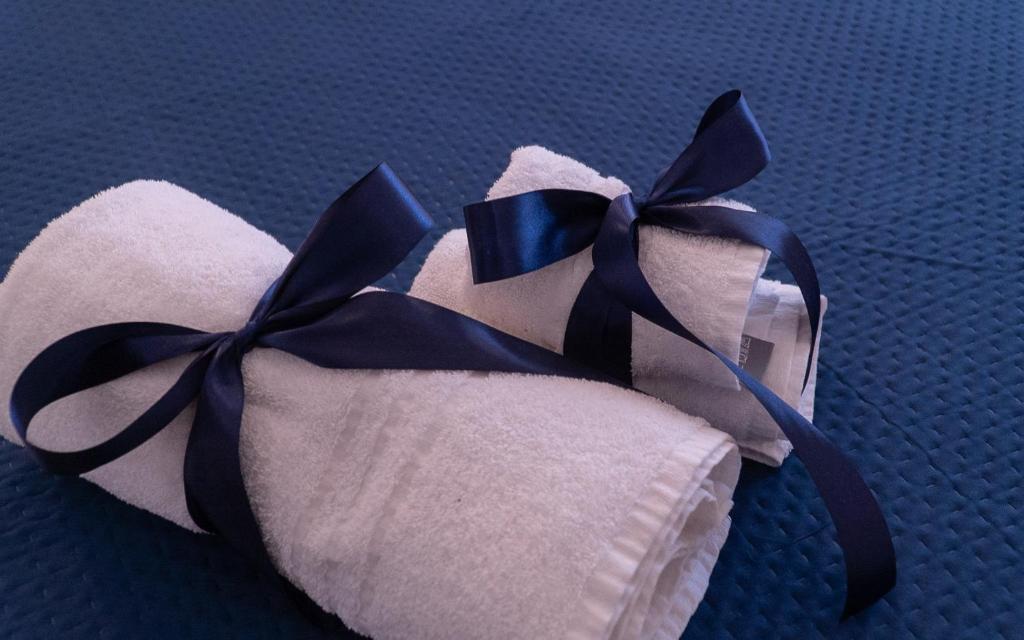 a roll of toilet paper with a blue ribbon at Mareterè in Vietri sul Mare