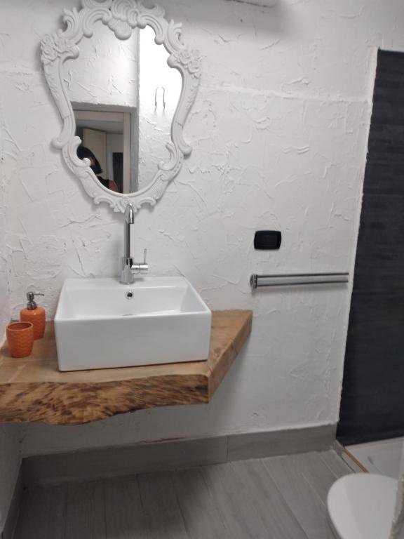 a bathroom with a white sink and a mirror at LANZO IN CORTE APPARTAMENTO in Lanzo dʼIntelvi