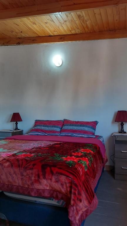 a bedroom with a bed with a red blanket and two lamps at Quincho la querencia in Posadas