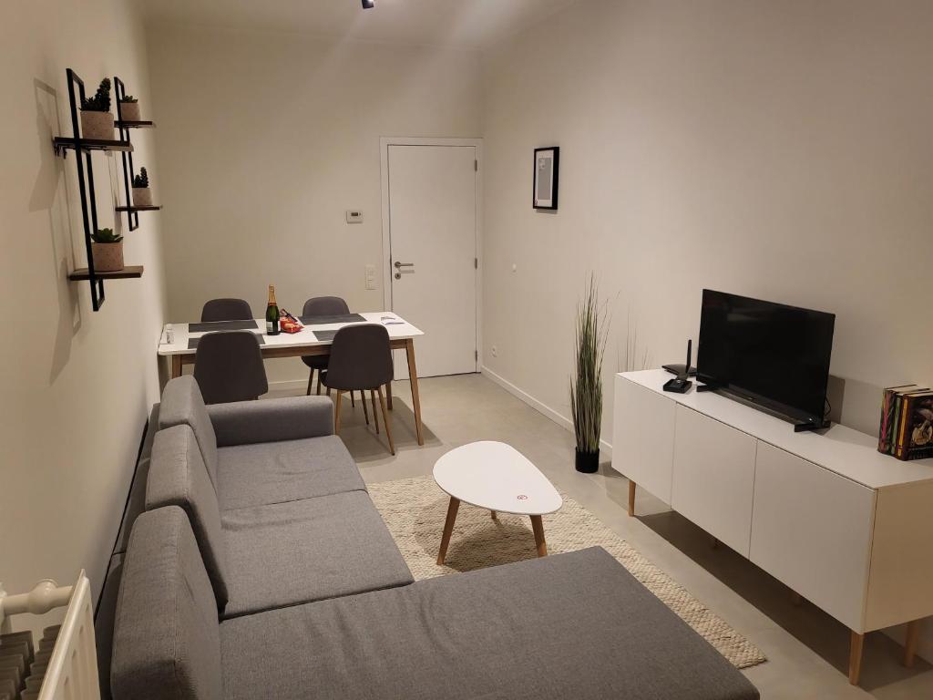 a living room with a couch and a tv and a table at Huis ALNA 3 in Mechelen