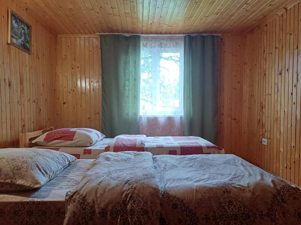 two beds in a room with a window at Green House Panorama Karpat in Volosyanka