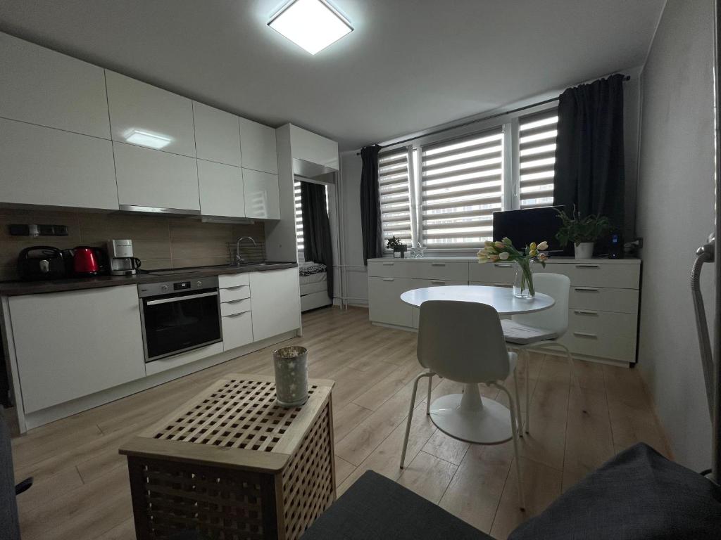 布拉格的住宿－Studio Prosek，厨房配有白色橱柜、桌子和椅子