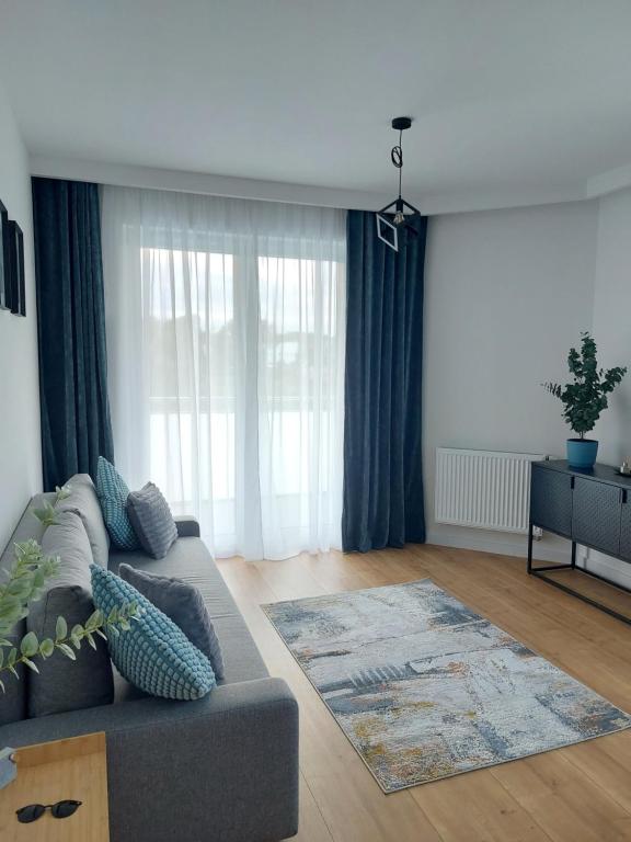 uma sala de estar com um sofá e um tapete em La Casa em Piotrków Trybunalski