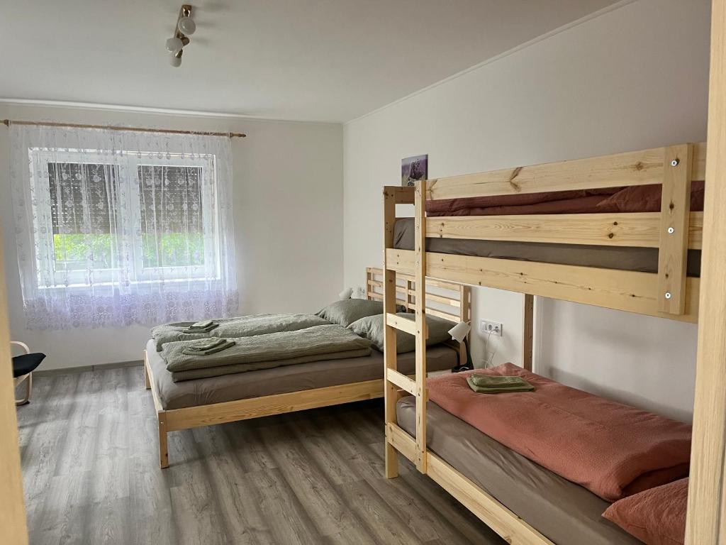 een slaapkamer met 2 stapelbedden en een raam bij Kozákov Apartmány - první patro 