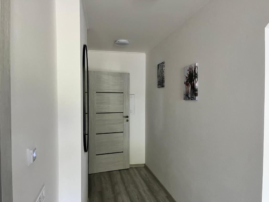 a hallway with a door and a room with white walls at Kozákov Apartmány - první patro 