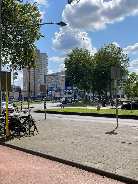 a park with tables and benches on a city street at Centraal and on the ground in Rotterdam