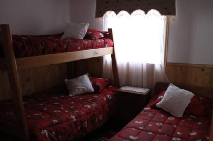 um quarto com 2 beliches e uma janela em Cabaña Emilia em Santiago