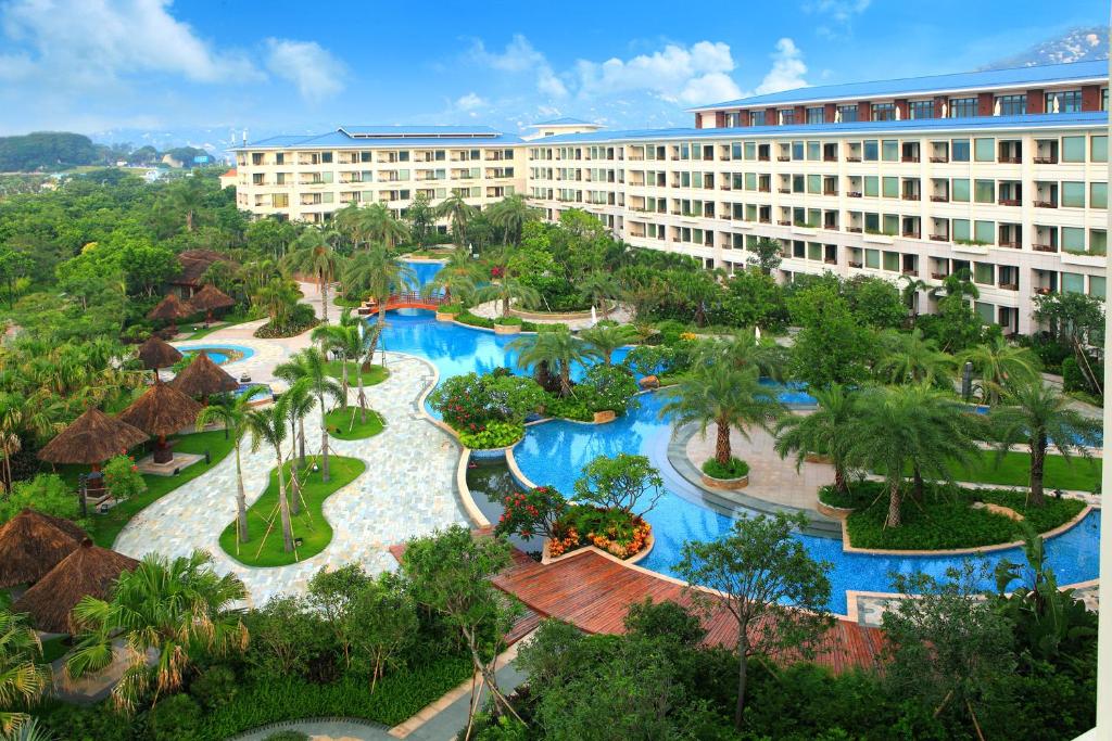 an aerial view of a resort with a pool at Seaview Resort Xiamen in Xiamen