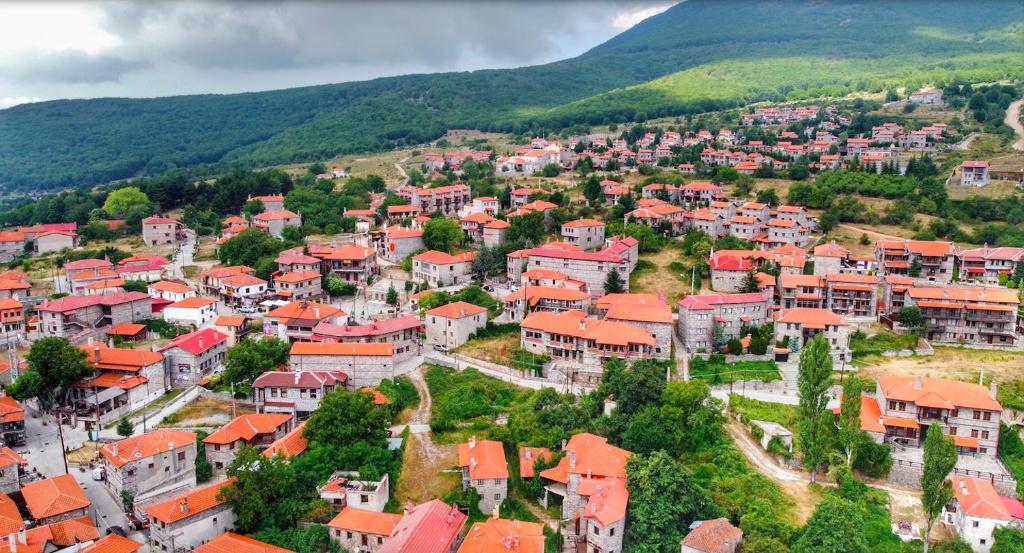 an aerial view of a town with red roofs at Archontiko Tarsouna in Palaios Agios Athanasios