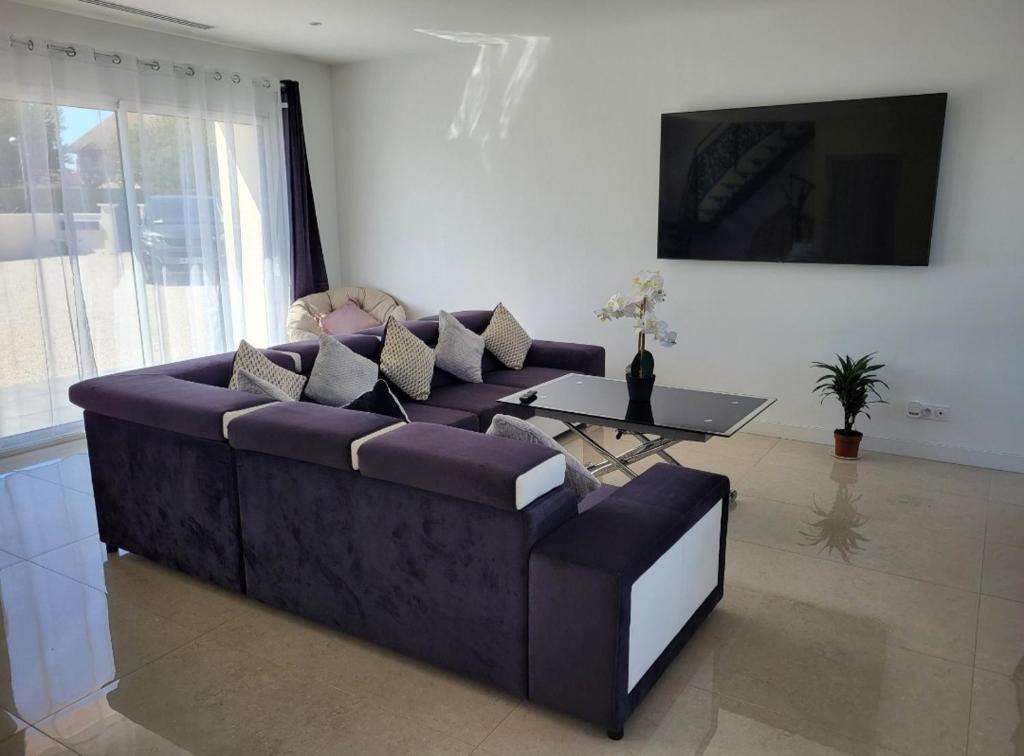 Televízia a/alebo spoločenská miestnosť v ubytovaní Loft l'escale Gîte Les Camélias 71