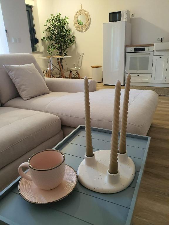a living room with two vases on a glass table at Apartman SIMON-CENTAR in Nova Gradiška