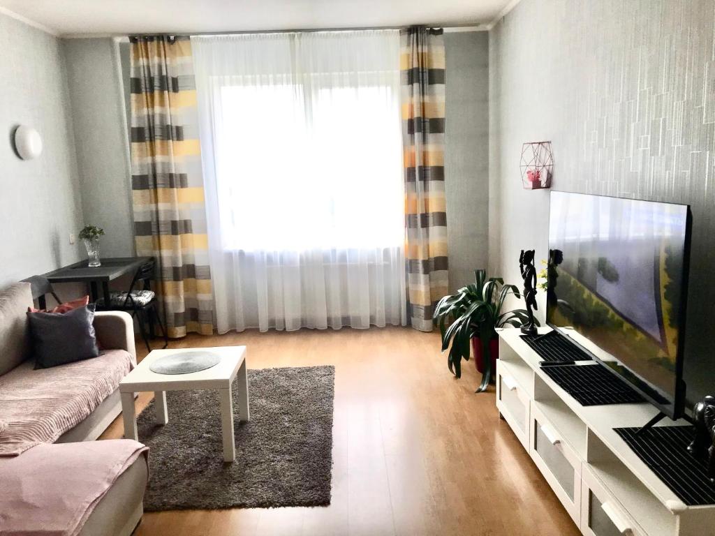 un salon avec un canapé et une grande fenêtre dans l'établissement Apartment Saharova, à Riga