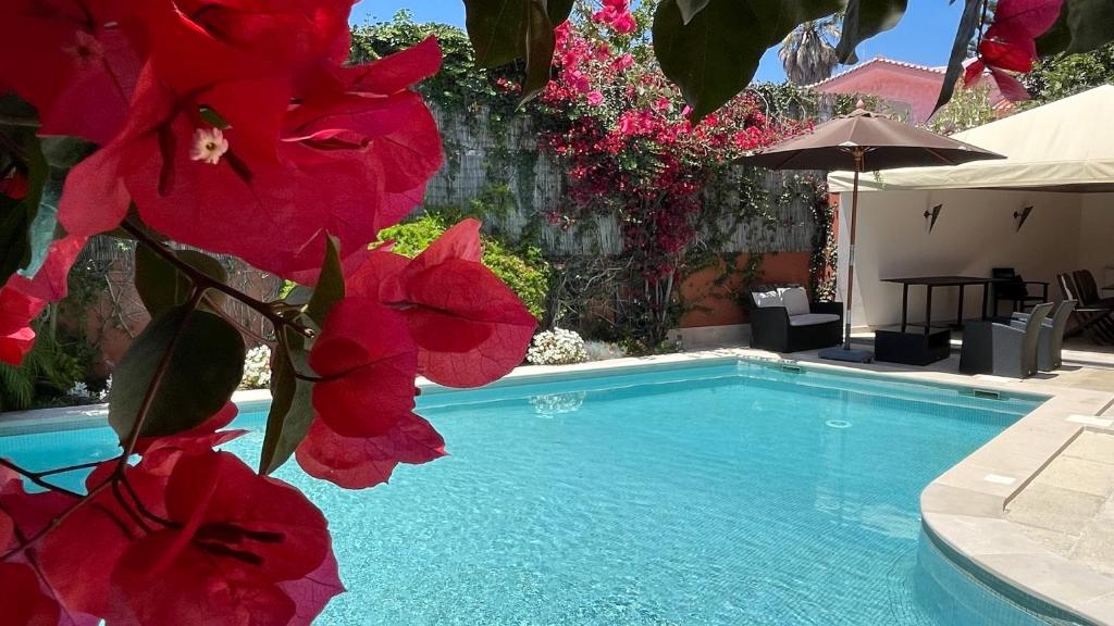 a pool with red flowers next to a house at Studio with Private Swimming Pool and Garden in Cascais