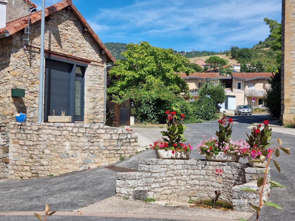 ein Steinhaus mit Blumen in einer Straße in der Unterkunft Fontaine Vieille in Saint-Georges-de-Luzençon