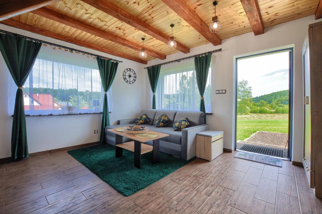 - un salon avec un canapé et une table dans l'établissement Domki w Zielonym Gaju, à Ustrzyki Dolne