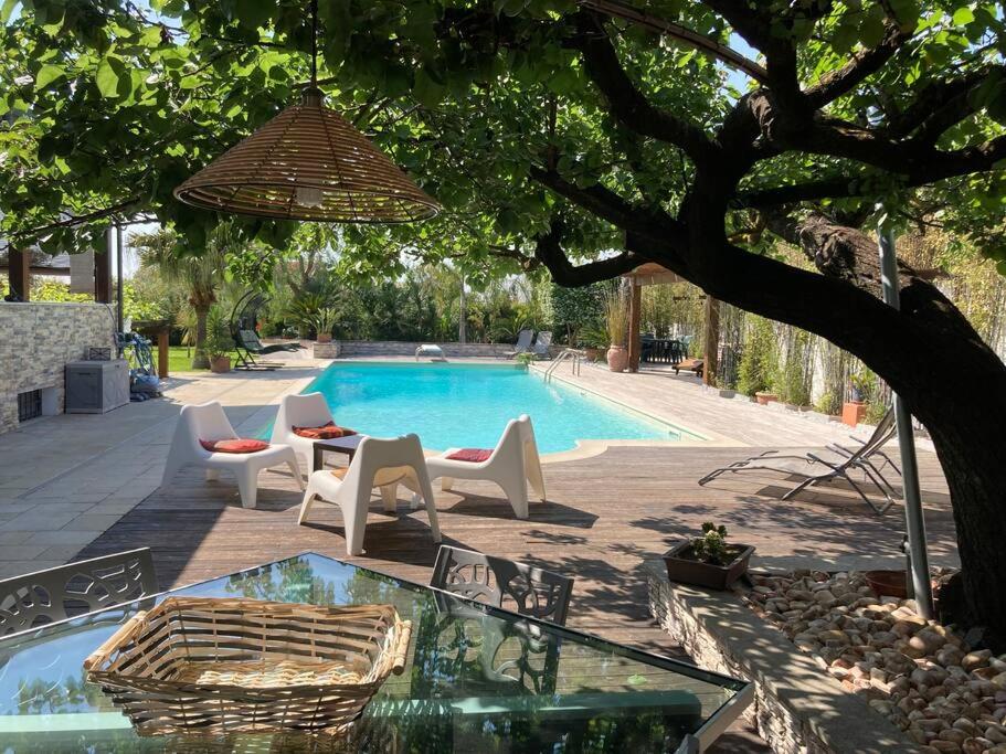a pool with chairs and a table and a umbrella at The Bamboo villa in Casale la Cogna