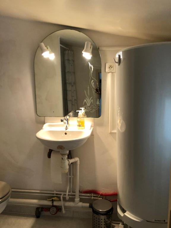 Studio Proche L'Isle sur Sorgue في ليه ثور: حمام مع حوض ومرآة