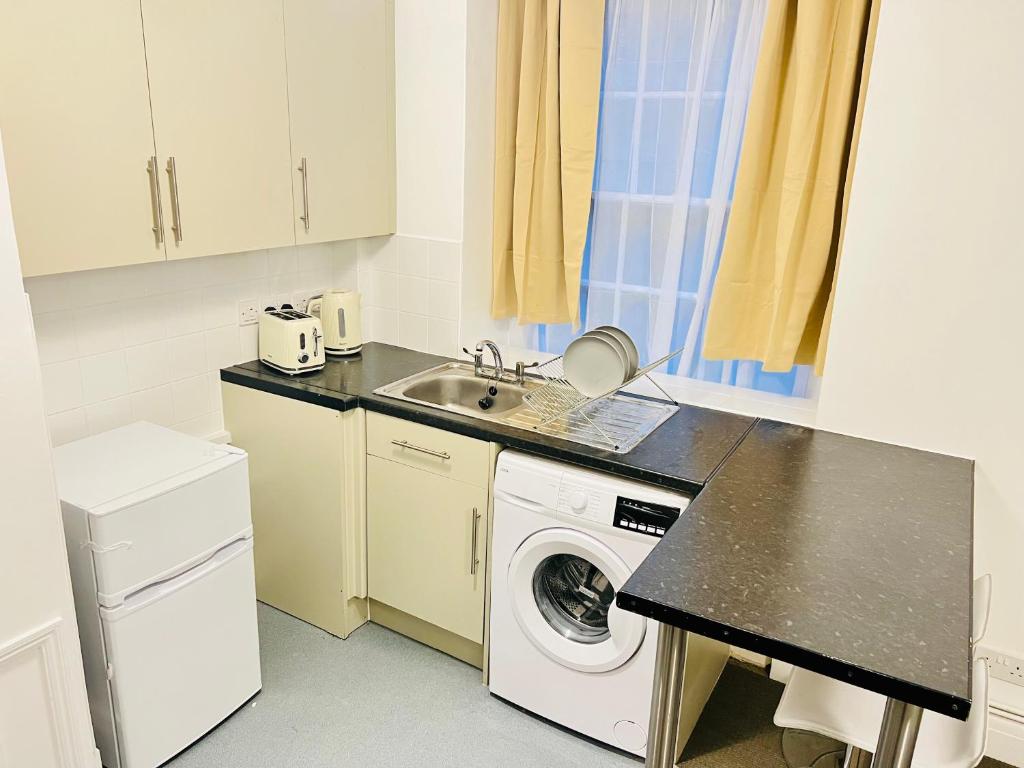 Centrally located modern flat في لندن: مطبخ مع غسالة ومغسلة