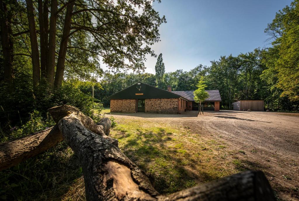 a fallen tree in front of a barn at Jägerhuset in Maribo