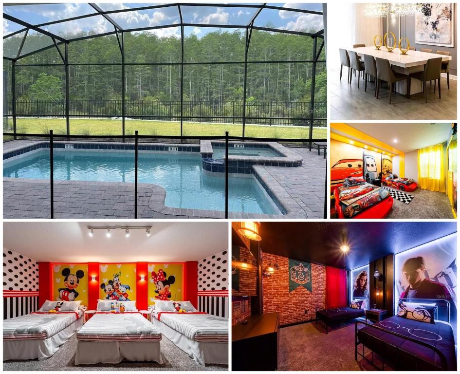 eine Collage mit Bildern eines Hauses mit Pool in der Unterkunft Elegant Luxury Villa Movie Room Private Pool in Kissimmee