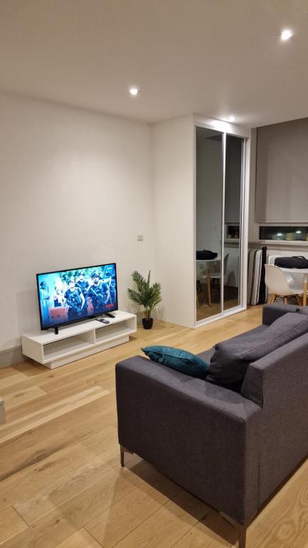 sala de estar con sofá y TV de pantalla plana en London Stadium Apartment en Londres