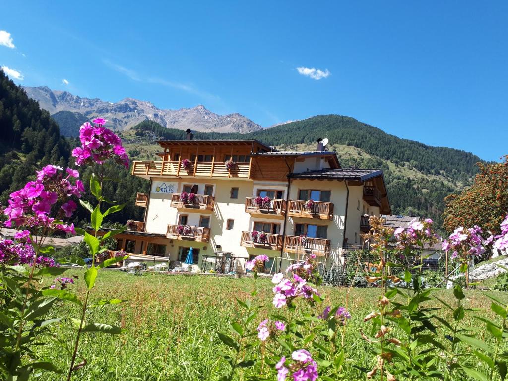 a building in the mountains with flowers in the foreground at Hotel Ortles Dolomiti Walking & Spa in Cogolo