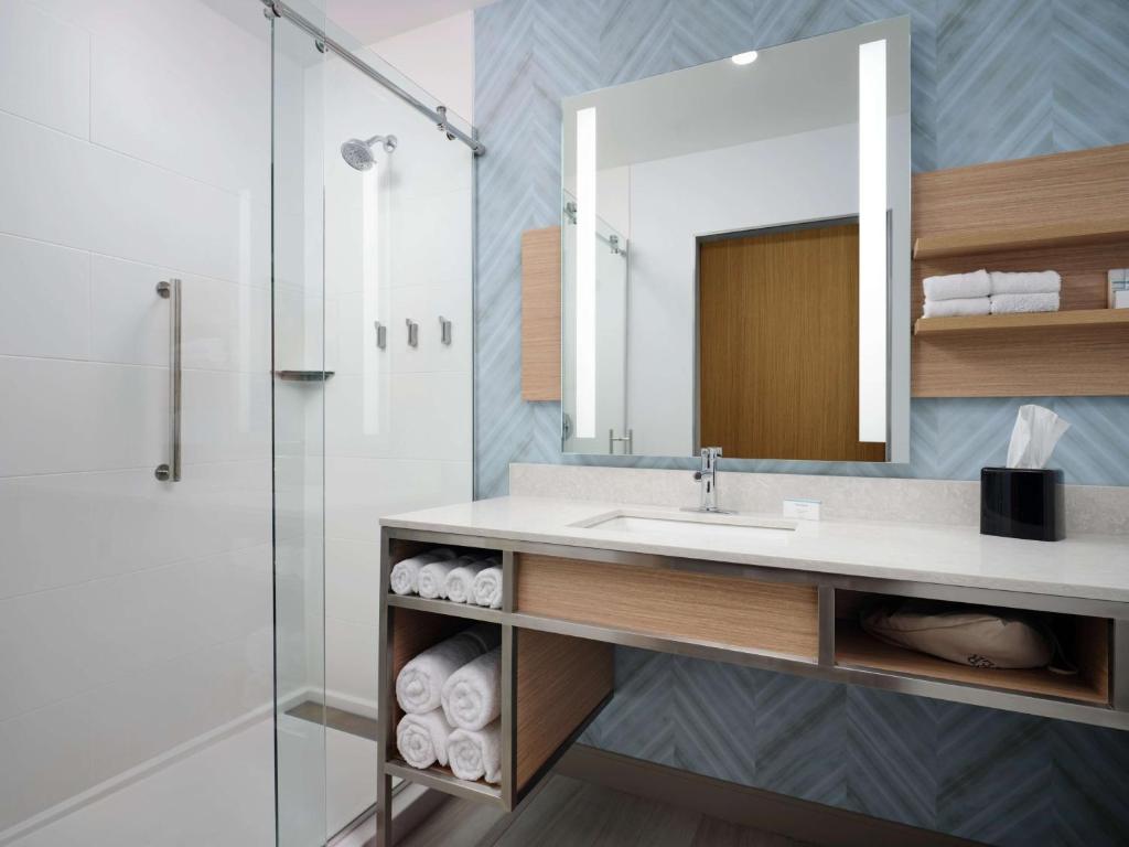 W łazience znajduje się umywalka i prysznic. w obiekcie Hilton Garden Inn Grapevine At Silverlake Crossing, Tx w mieście Grapevine