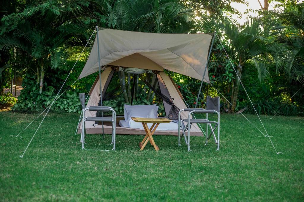 namiot z dwoma krzesłami i stołem w trawie w obiekcie Shose Campsite w mieście Shiri