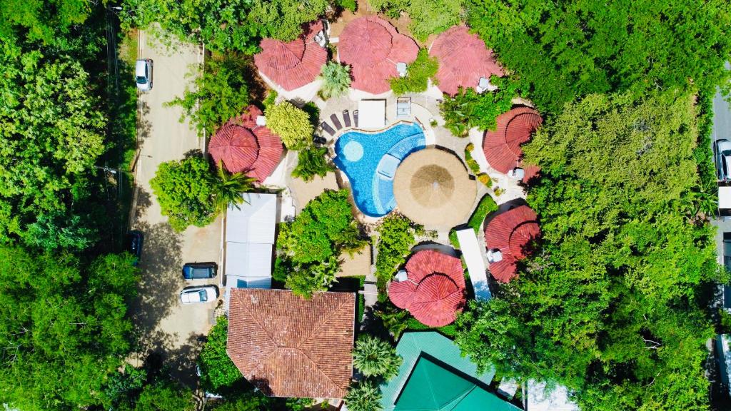 an overhead view of a garden with a swimming pool at Hotel Luna Llena in Tamarindo